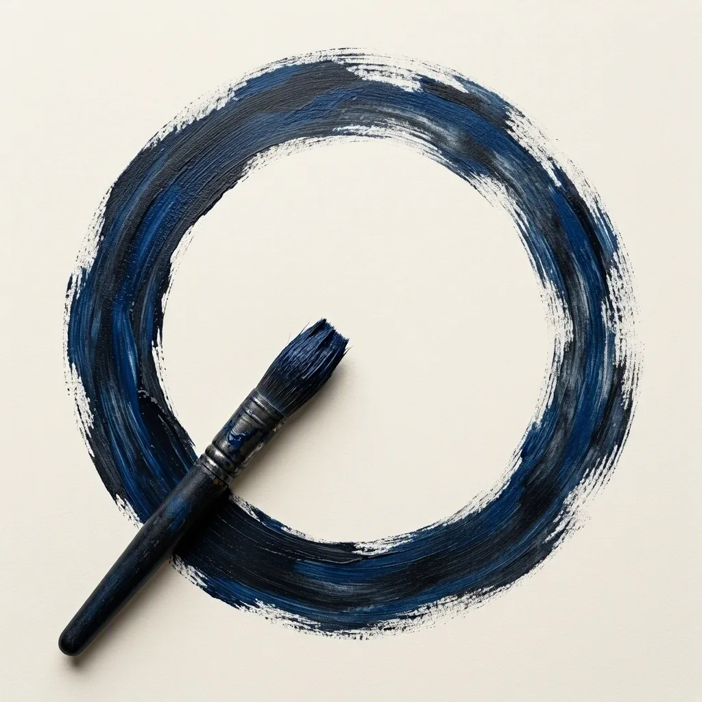 Fotografía editorial de estudio en duotono azul talavera y negro carbón: pincel y trazo circular amplio.